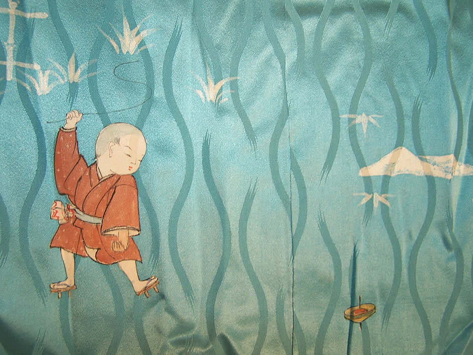 Japanese Geisha Silk Screen Childrens Day Kimono close-up view.