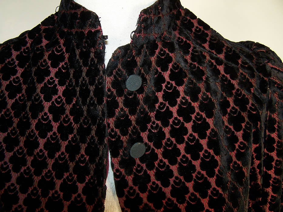 Victorian Red & Black Voided Velvet Mantle Cape Jacket Close-up View.