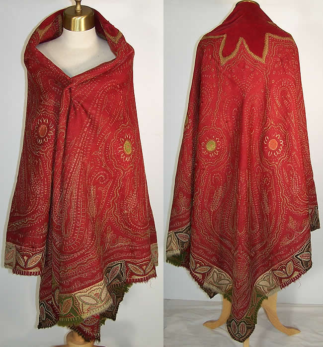 Antique Kashmir Hand Embroidered Red Wool Paisley Shawl  Front view.