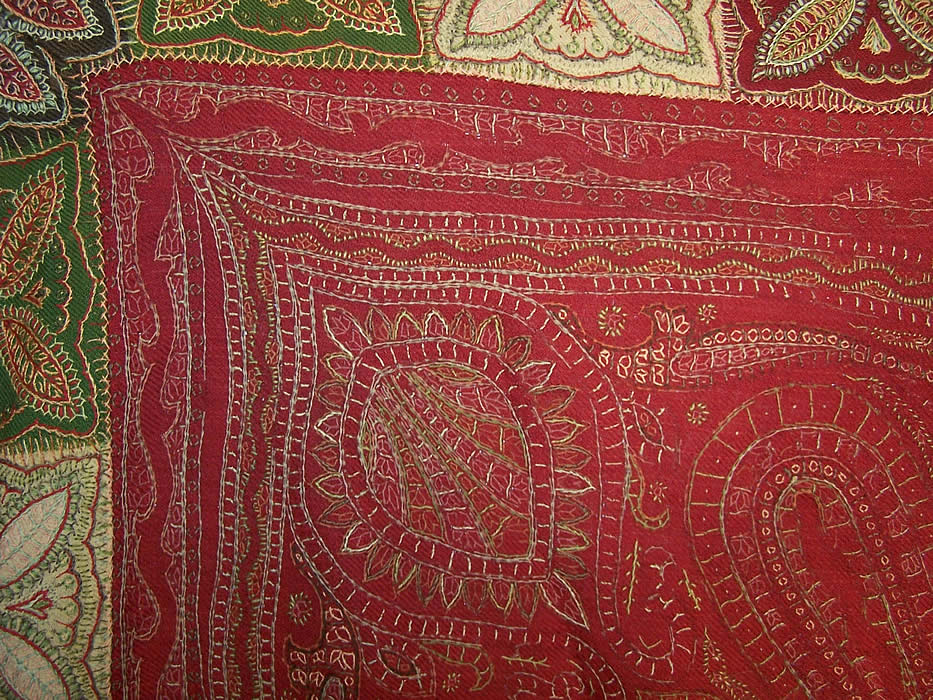 Antique Kashmir Hand Embroidered Red Wool Paisley Shawl Close up.