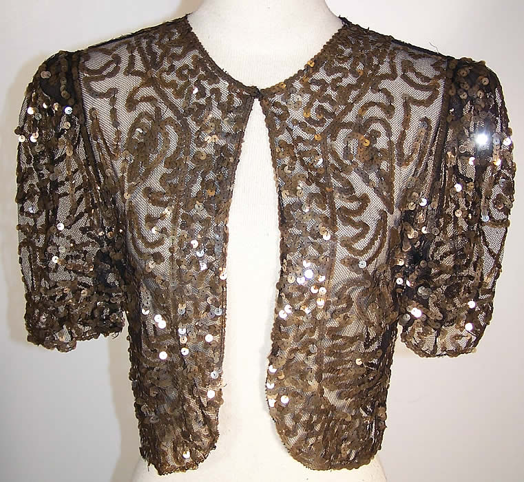 Art Deco Gold Sequin Beaded Bolero Cropped Jacket  Front view.