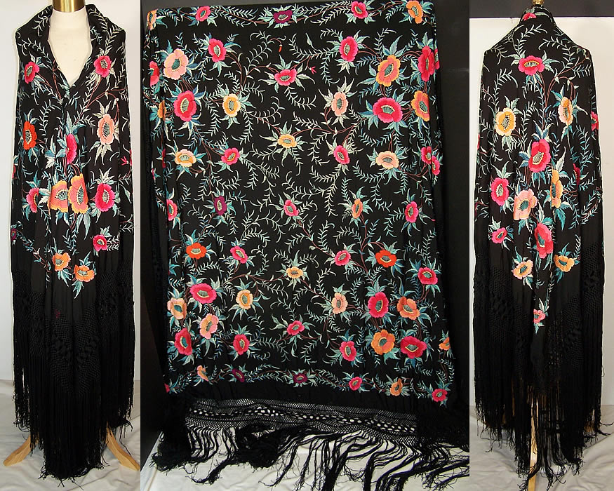 Antique Floral Silk Embroidered Large Canton Piano Shawl   Front view.