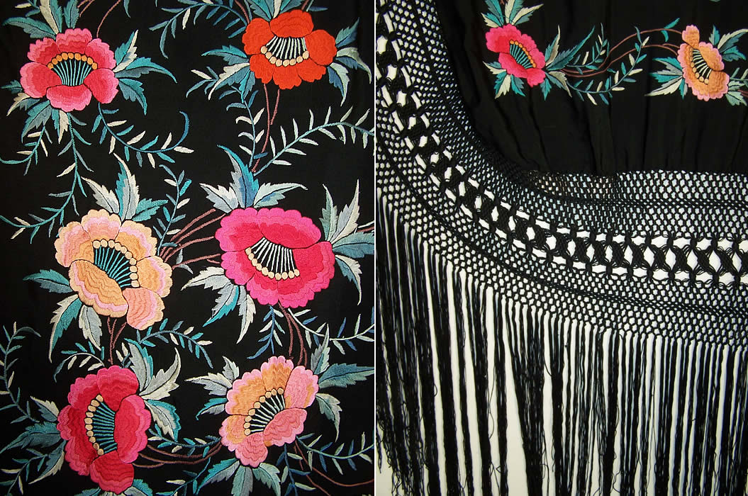 Antique Floral Silk Embroidered Large Canton Piano Shawl 