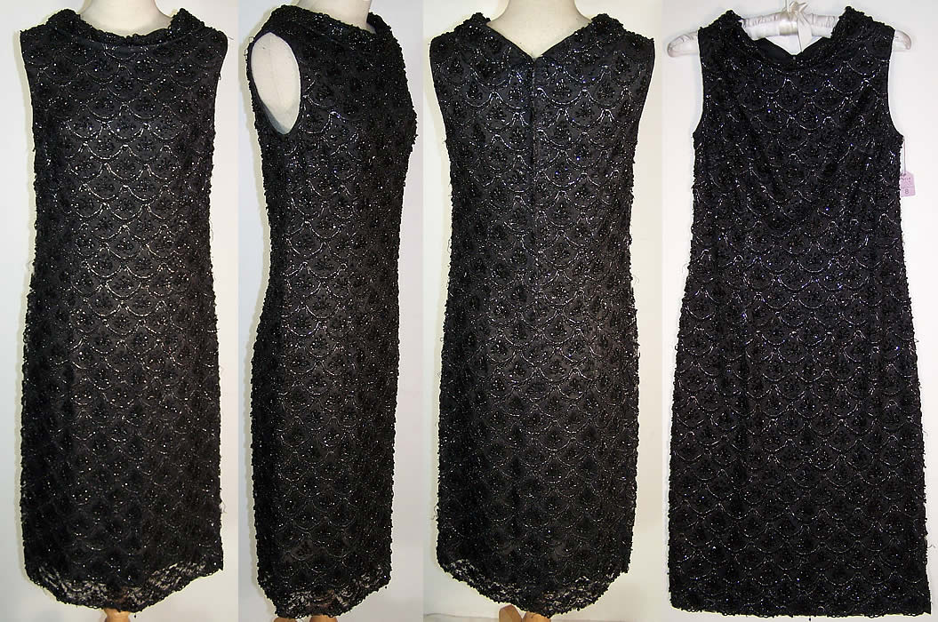 Vintage Black Lace Net Sequin Beaded Cocktail Dress   Front view.