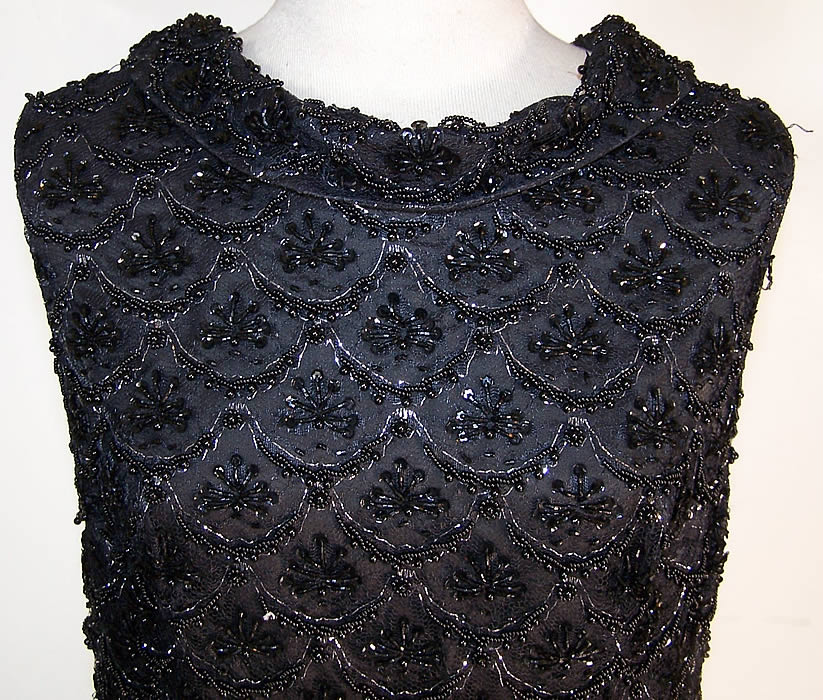 Vintage Black Lace Net Sequin Beaded Cocktail Dress 