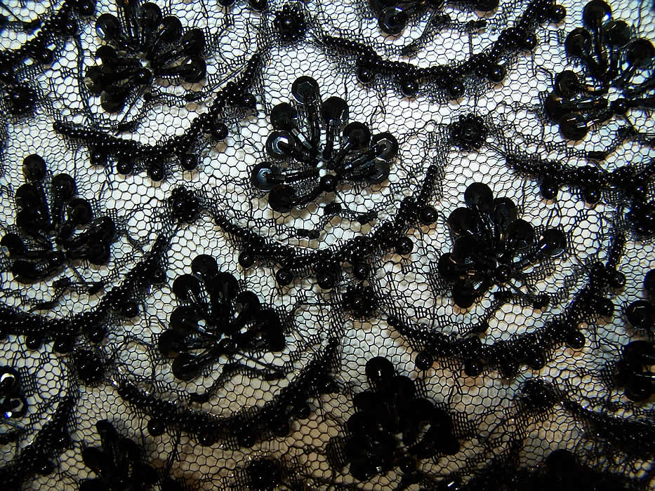  Vintage Black Lace Net Sequin Beaded Cocktail Dress close-up view.