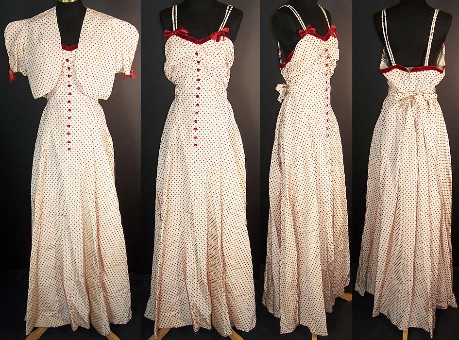  Vintage Red & White Polka Dot Dress Gown Bolero Jacket Front view.
