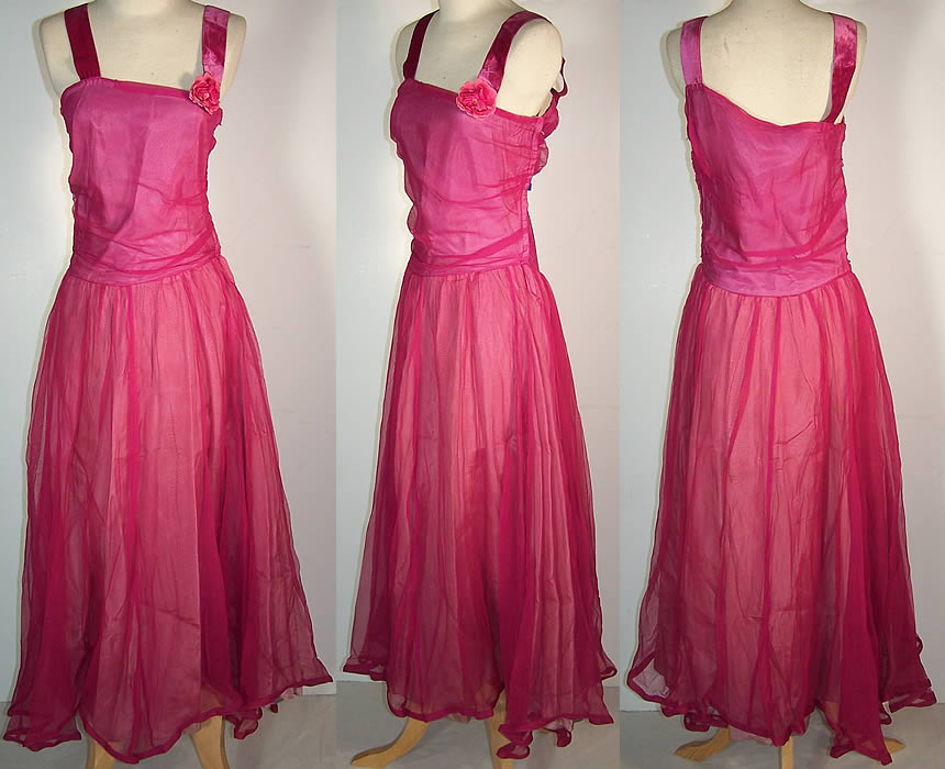 Vintage Fuchsia Pink Silk Chiffon Party Dress  Front view.