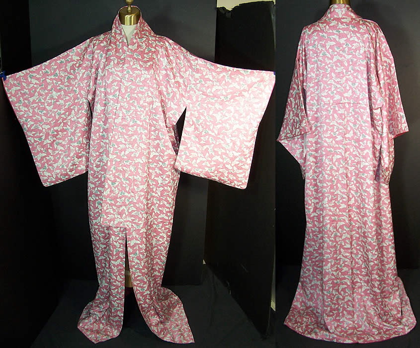 Japanese Geisha Silk Screen Pink Butterfly Kimono  Front view.