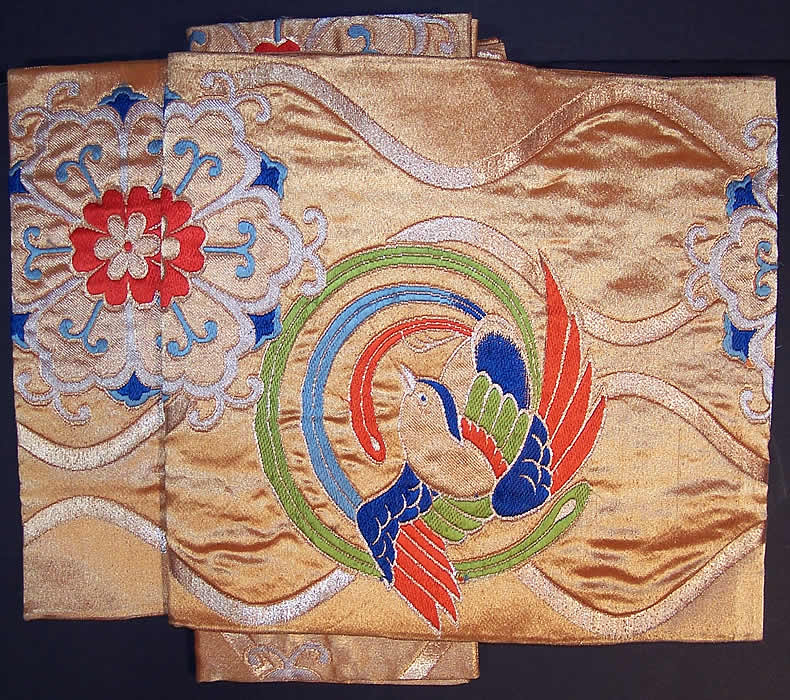 Japanese Geisha Gold Brocade Bird Kimono Tsuke Obi   Front view.