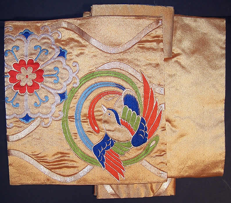 Japanese Geisha Gold Brocade Bird Kimono Tsuke Obi  Back View.