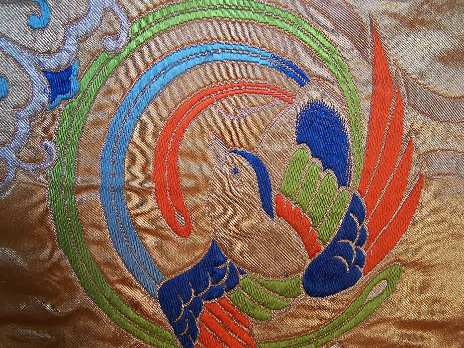 Japanese Geisha Gold Brocade Bird Kimono Tsuke Obi  side view.