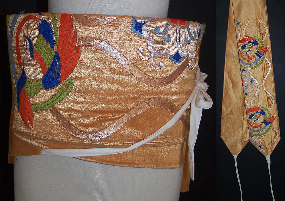 Japanese Geisha Gold Brocade Bird Kimono Tsuke Obi  Close up.