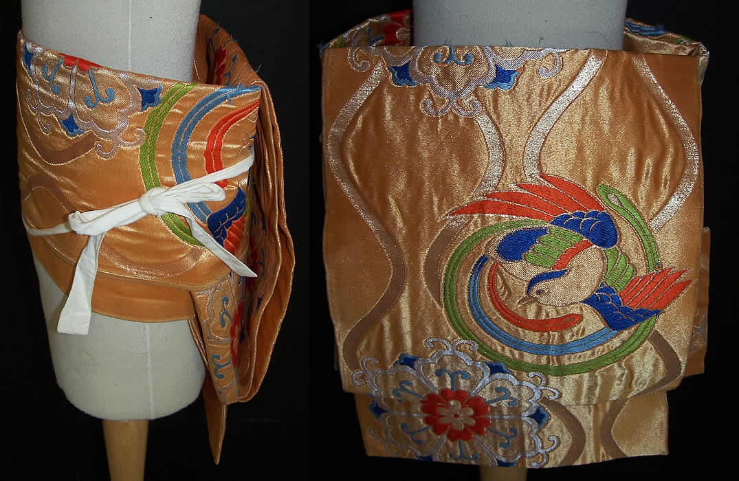 Japanese Geisha Gold Brocade Bird Kimono Tsuke Obi  Close up.