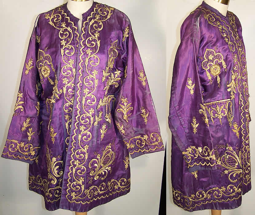 Ottoman Turkish Gold Embroidered Purple Silk Jacket  Front view.