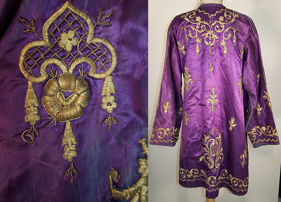 Ottoman Turkish Gold Embroidered Purple Silk Jacket Close up.