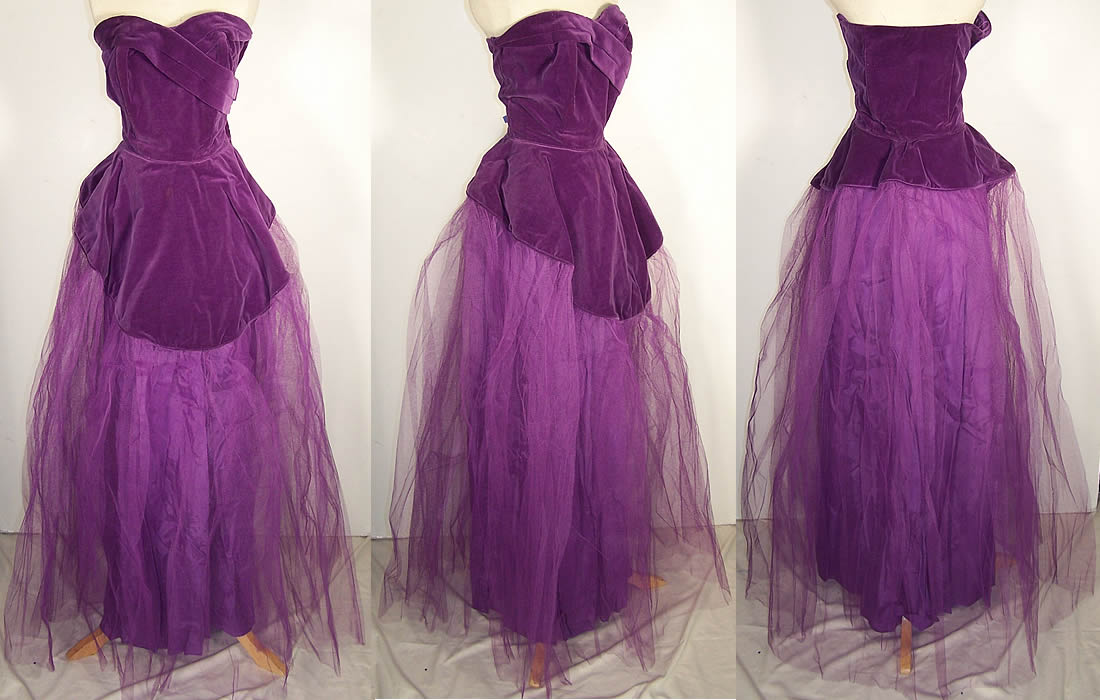 Vintage Purple Velvet Tulle Net Strapless Formal Dress  Front view.