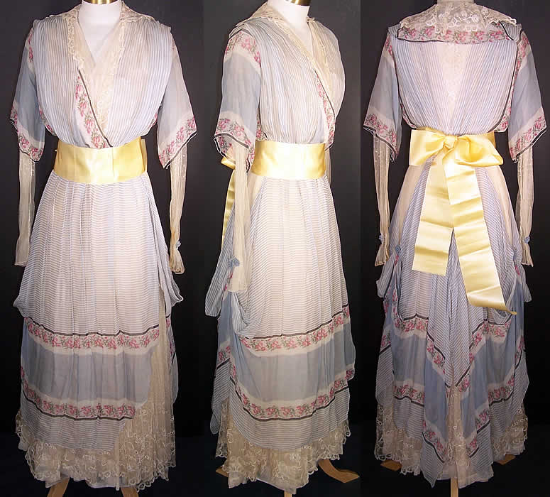 Edwardian Titanic Blue Silk Chiffon Roses Tea Gown Dress   Front view.