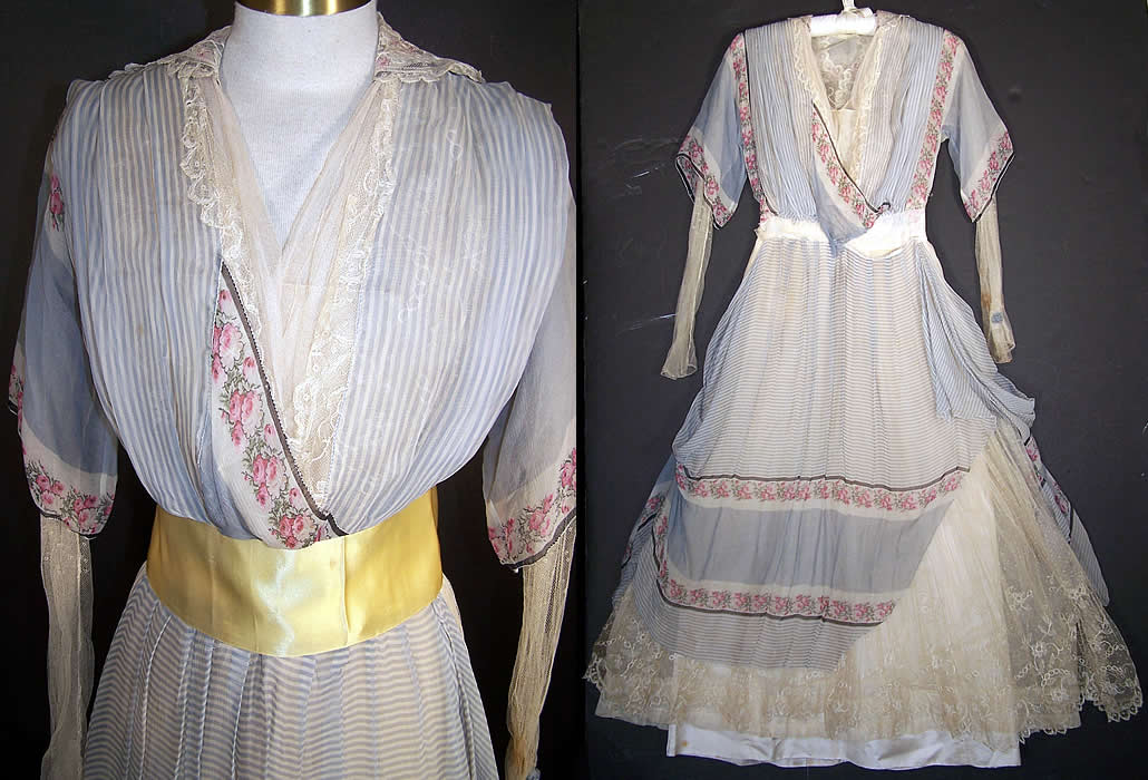 Edwardian Titanic Blue Silk Chiffon Roses Tea Gown Dress  Front View.
