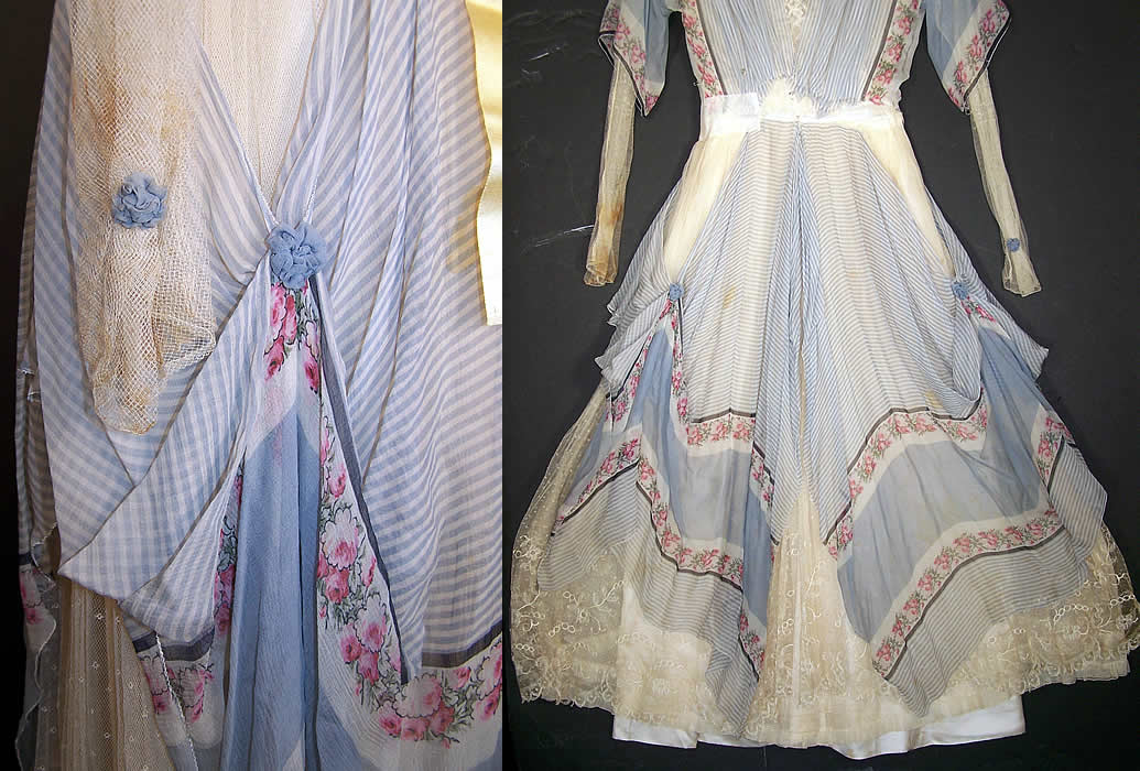 Edwardian Titanic Blue Silk Chiffon Roses Tea Gown Dress  Close up.