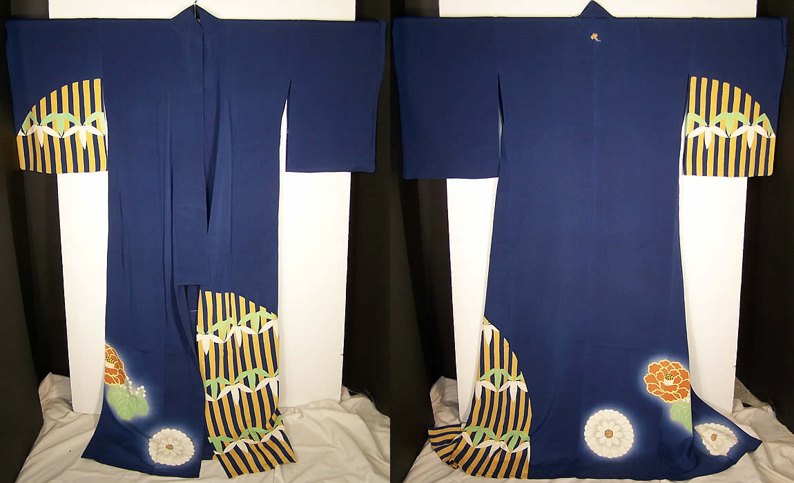 Japanese Geisha Blue Kiri Mon Silk Screen Kimono  Back View.