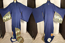 Vintage Japanese Geisha Blue Kiri Mon Silk Screen Kimono