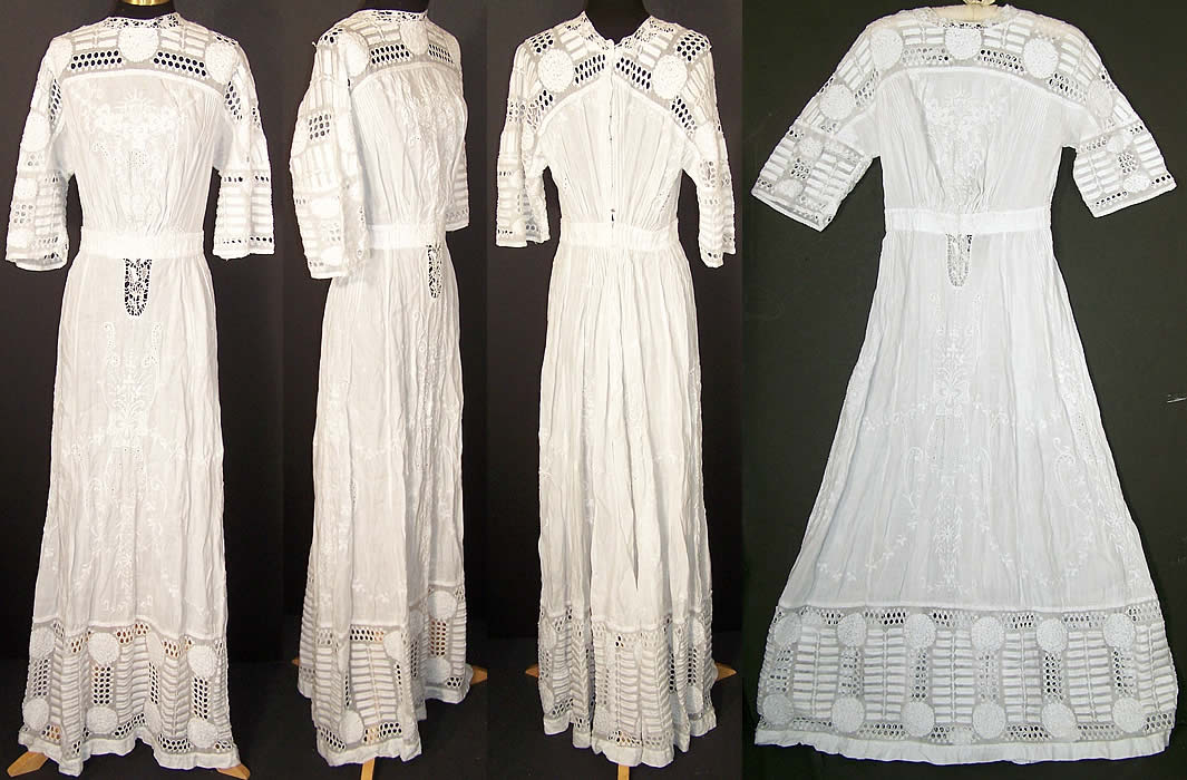 Edwardian White Linen Embroidered Eyelet Lace Dress  Front view.