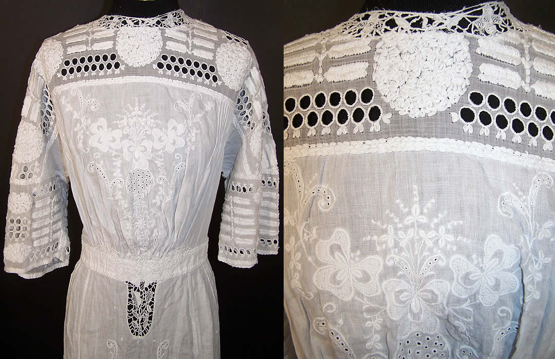 Edwardian White Linen Embroidered Eyelet Lace Dress Front Close-up  View.