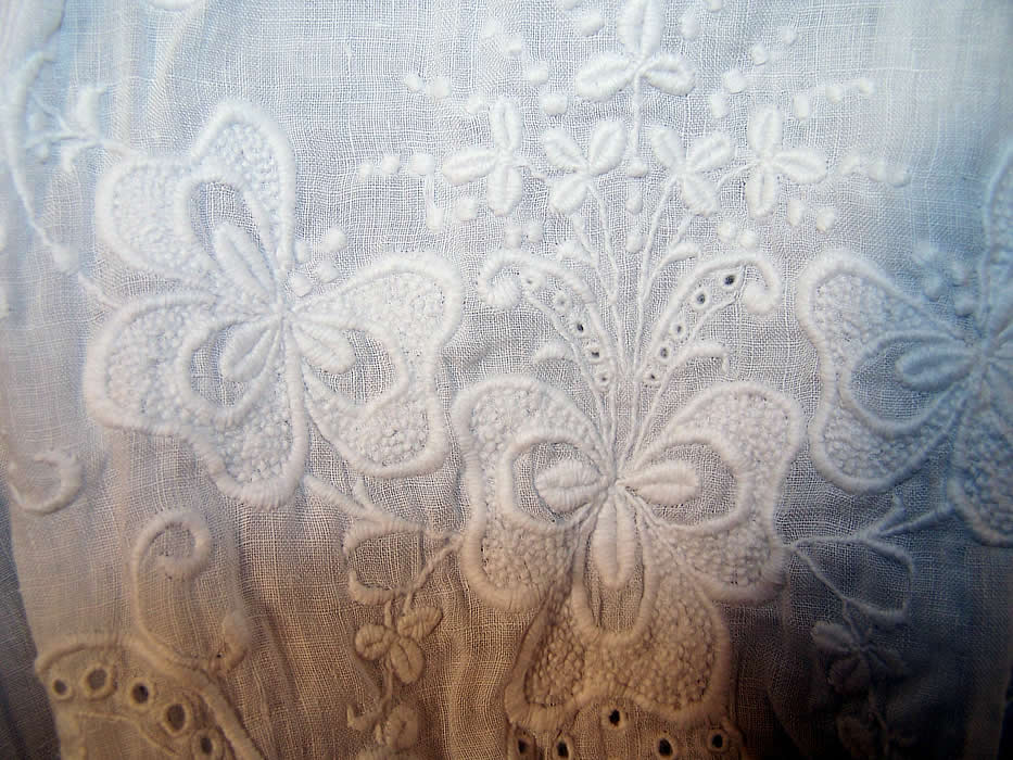 Edwardian White Linen Embroidered Eyelet Lace Dress close-up view.