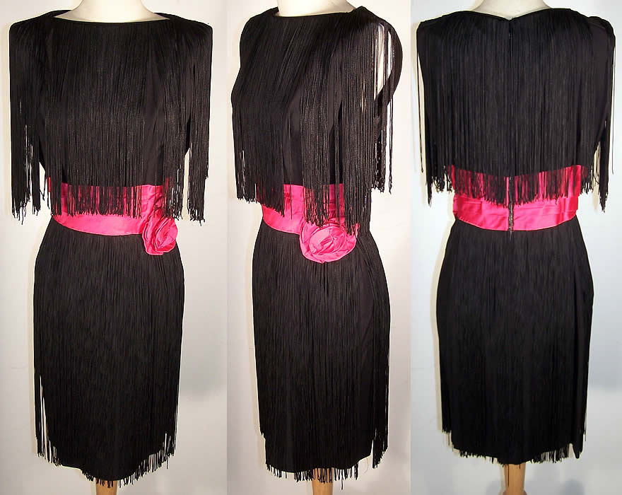 Vintage Sydney North Black Fringe Wiggle Cocktail Dress  Front view.