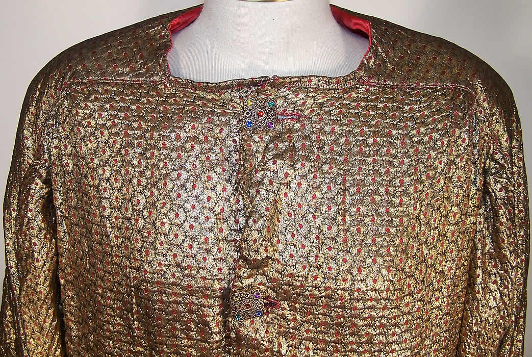 Art Deco Gold Lam&eacute; Red Dot Evening Coat Jacket Close-up View.