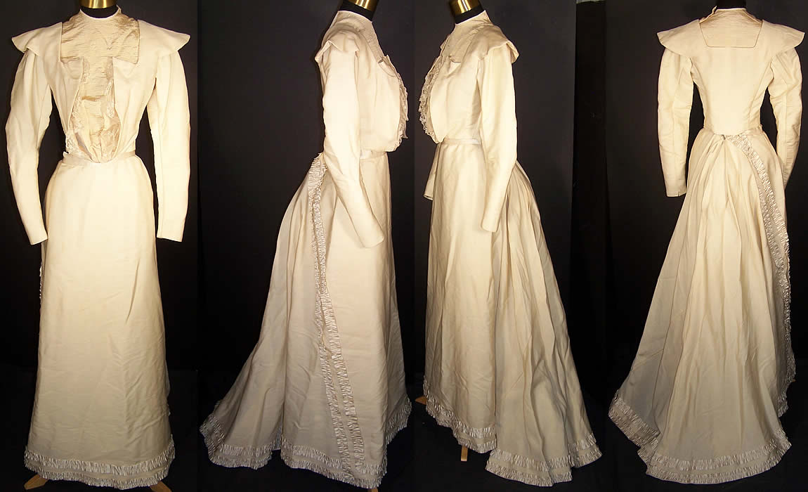 Victorian Cream Wool Bustle Train Wedding Gown Dress  Front view.