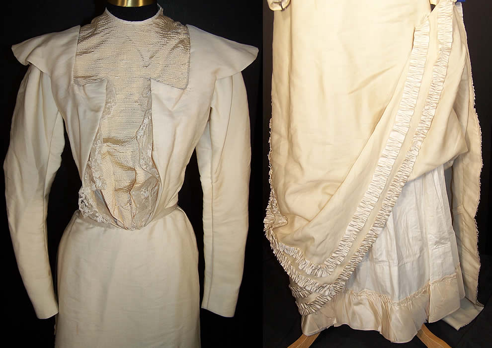 Victorian Cream Wool Bustle Train Wedding Gown Dress Close-up View.
