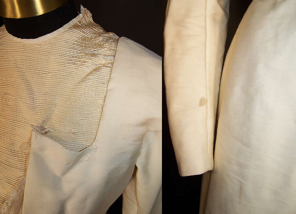 Victorian Cream Wool Bustle Train Wedding Gown Dress close-up side view.