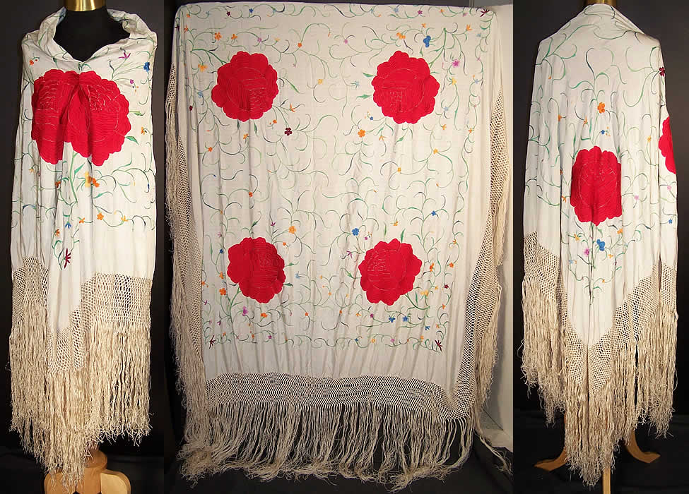 Antique White Silk Red Roses Embroidered Canton Piano Shawl  Front view.