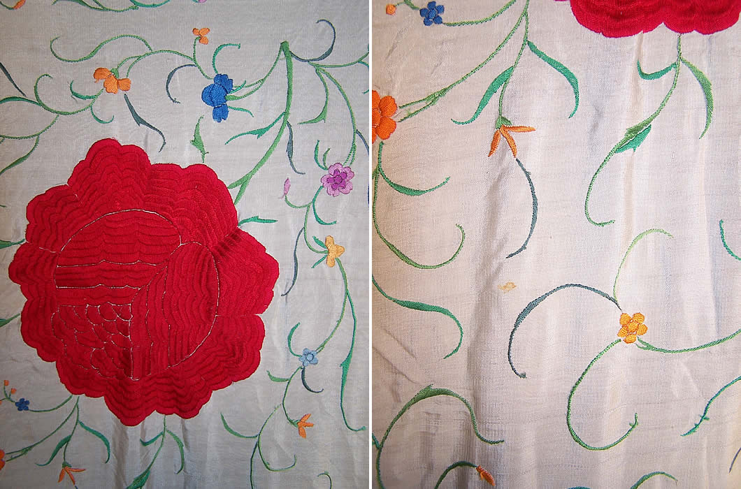 Antique White Silk Red Roses Embroidered Canton Piano Shawl Close-up View.