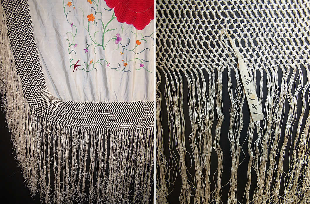 Antique White Silk Red Roses Embroidered Canton Piano Shawl Close-up view.
