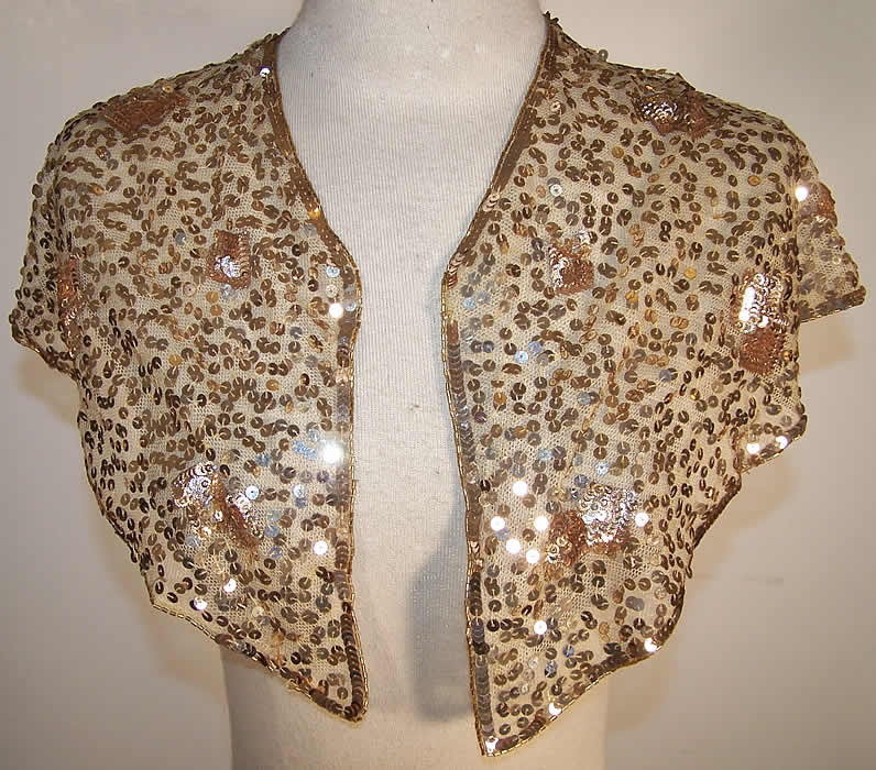 Art Deco Gold Sequin Beaded Shawl Collar Capelet  Front view.