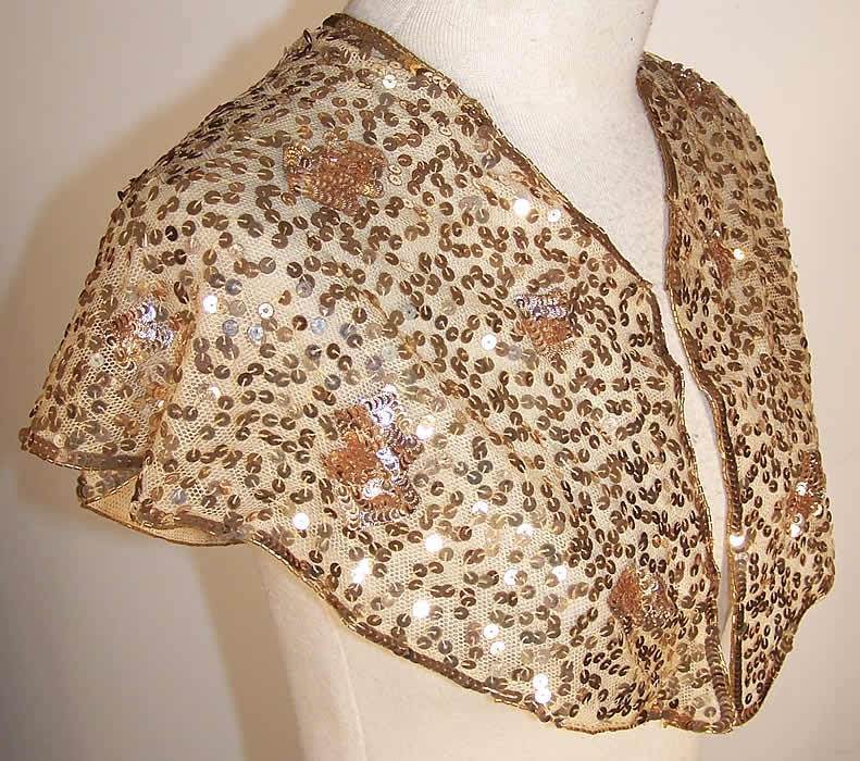 Art Deco Gold Sequin Beaded Shawl Collar Capelet Side View.