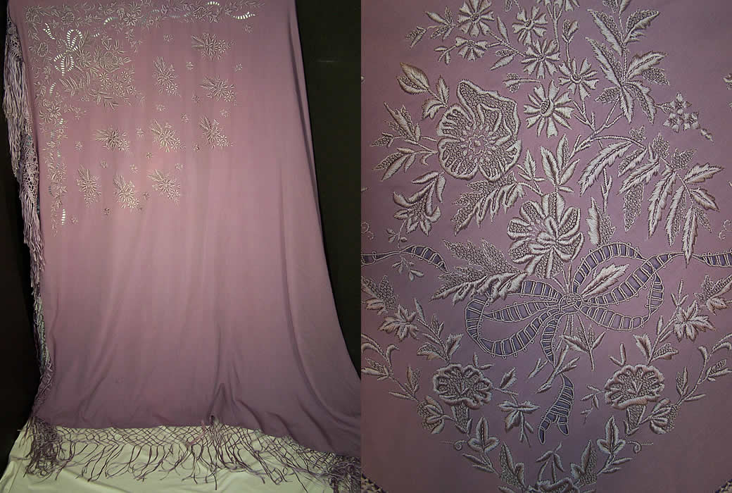 Victorian Antique Lilac Purple Embroidered Wool Shawl Front View.