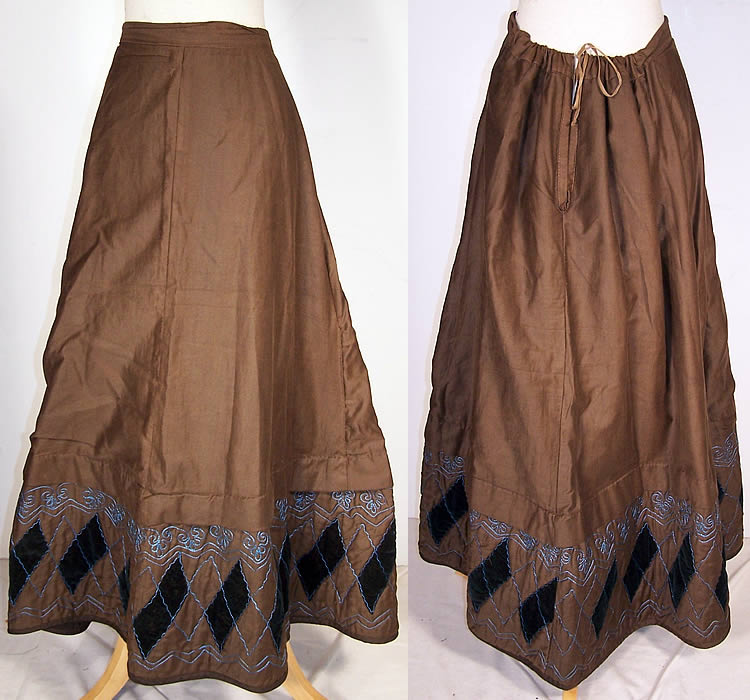 Victorian Brown Cotton Blue Quilted Velvet Petticoat Skirt  Front view.