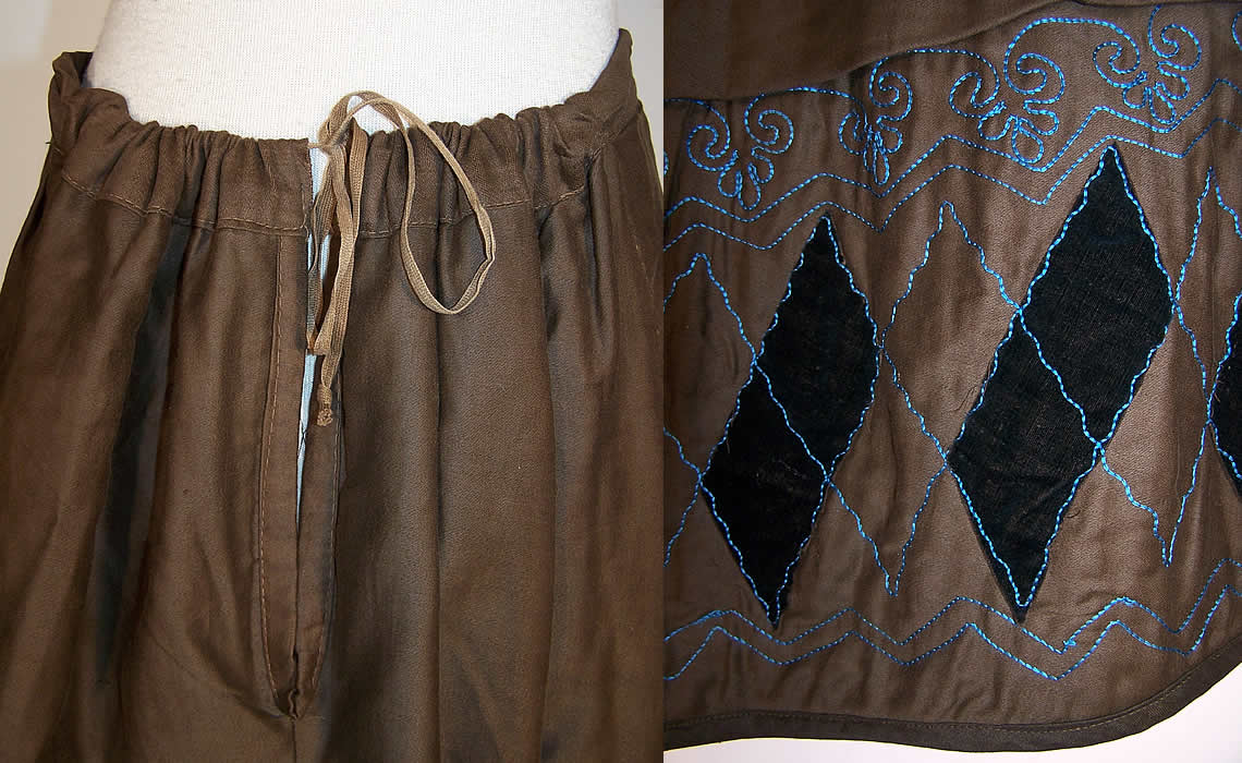 Victorian Brown Cotton Blue Quilted Velvet Petticoat Skirt Close-up View.