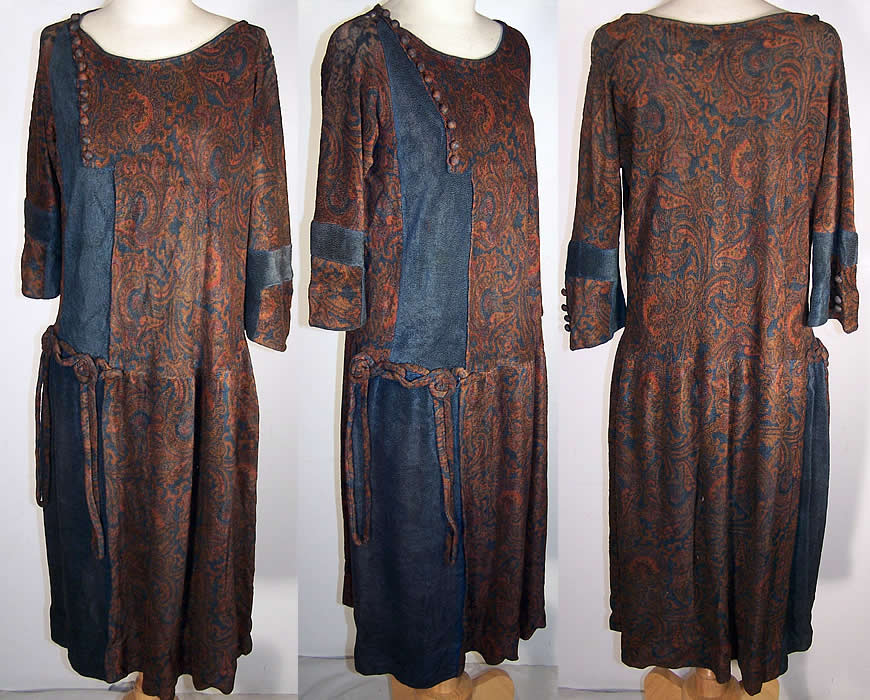  Art Deco Blue Paisley Wool Drop Waist Dress  Front view.