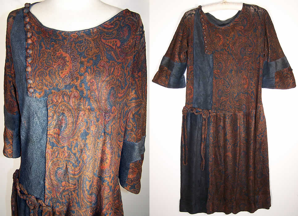 Art Deco Blue Paisley Wool Drop Waist Dress  Front View.