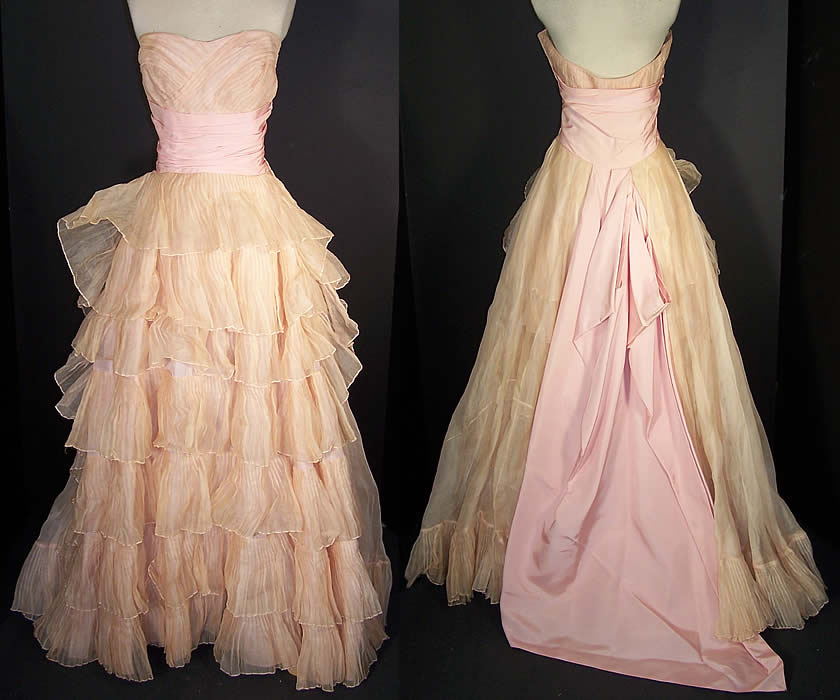 Vintage Ceil Chapman Blush Pink Organdy Strapless Dress Ball Gown  Front view.
