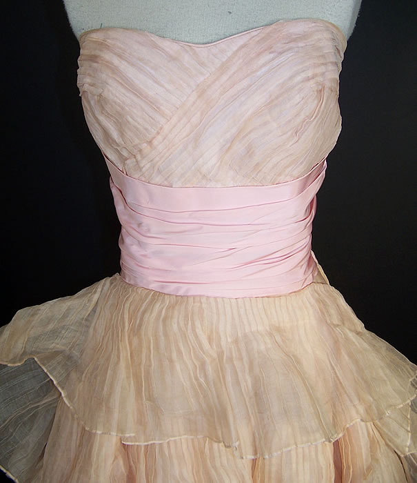 Vintage Ceil Chapman Blush Pink Organdy Strapless Dress Ball Gown front View.