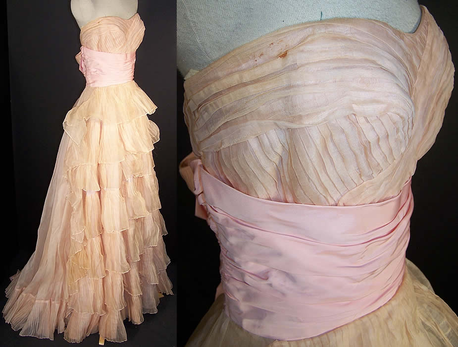 Vintage Ceil Chapman Blush Pink Organdy Strapless Dress Ball Gown side view.