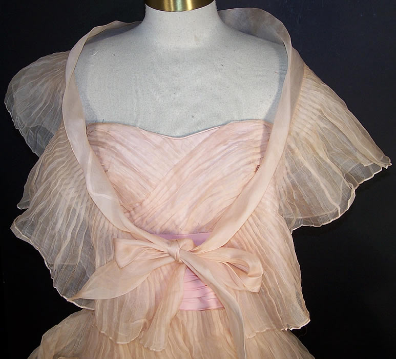 Vintage Ceil Chapman Blush Pink Organdy Strapless Dress Ball Gown front view