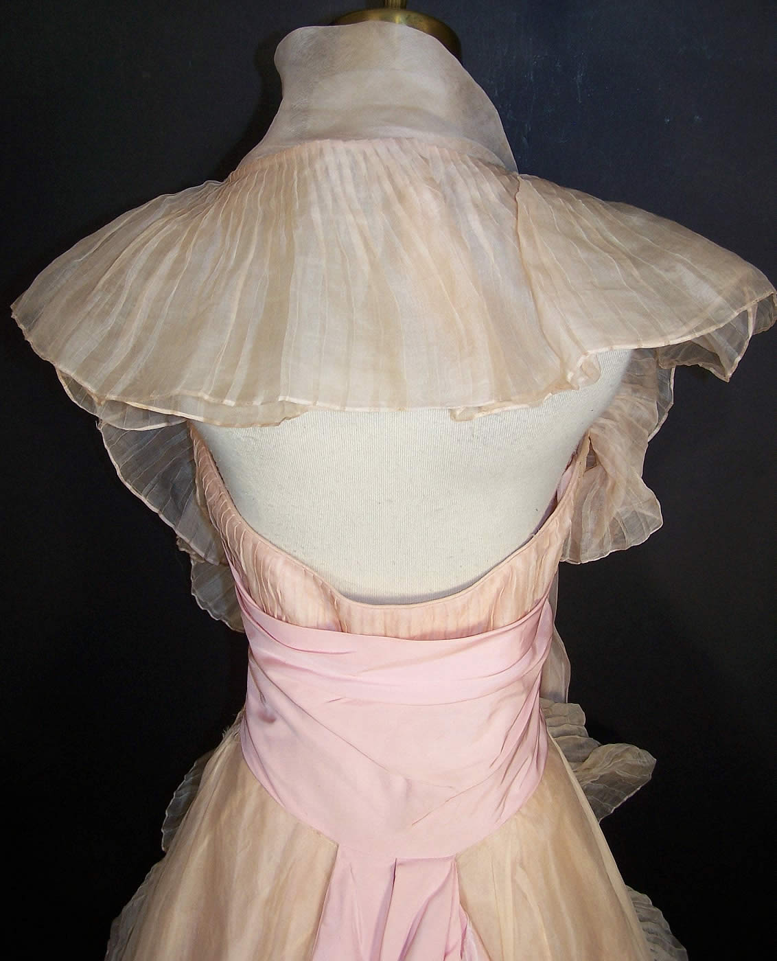 Vintage Ceil Chapman Blush Pink Organdy Strapless Dress Ball Gown back view