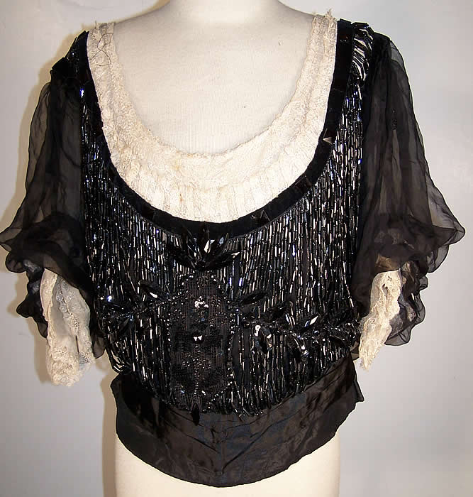 Victorian Black Jet Beaded Strand Fringe Ball Gown Bodice   Front view.
